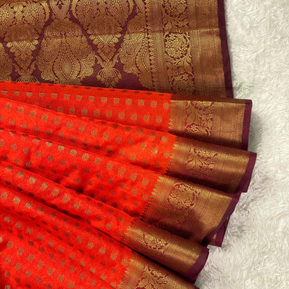 Premium Banarasi Saree Checks with Floral Border Burnt Orange