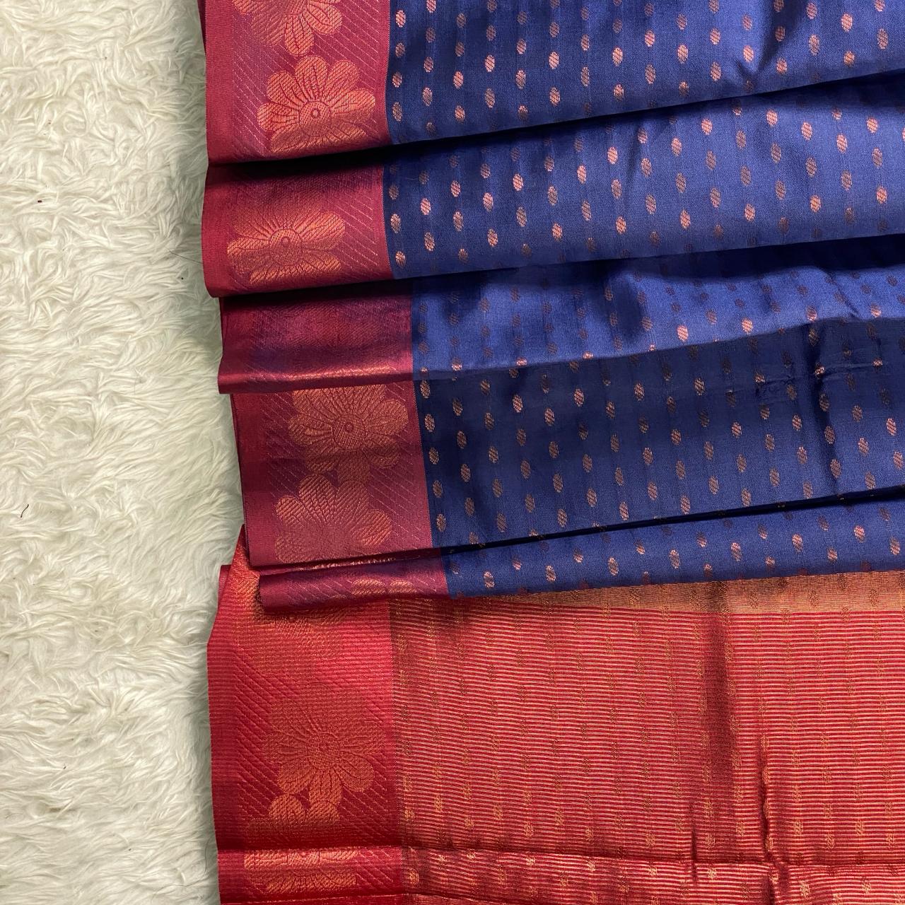 Banarasi Butti Semi Silk with Floral Border Saree Navy Blue