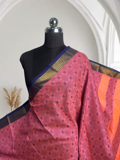 Cotton Saree Pink with Navy Blue Border