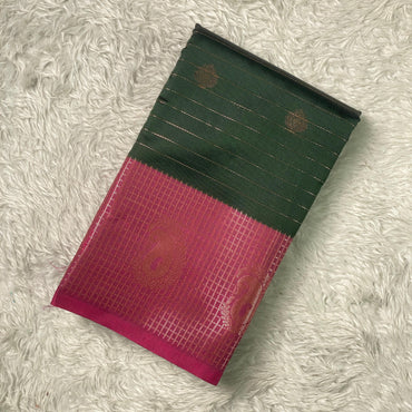 Check Saree Soft Silk with butta designs Dark Green