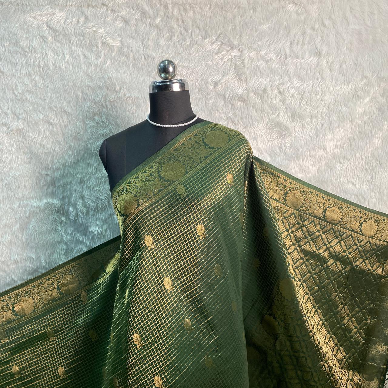 Georgette Banarasi Checks Saree Green with Golden Zari
