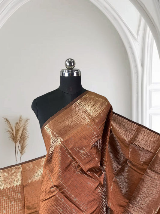 Semi Silk Tissue saree Checks with Triangle Border Brown
