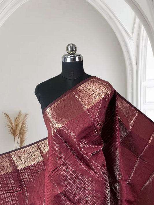 Semi Silk Tissue saree Checks with Triangle Border Maroon