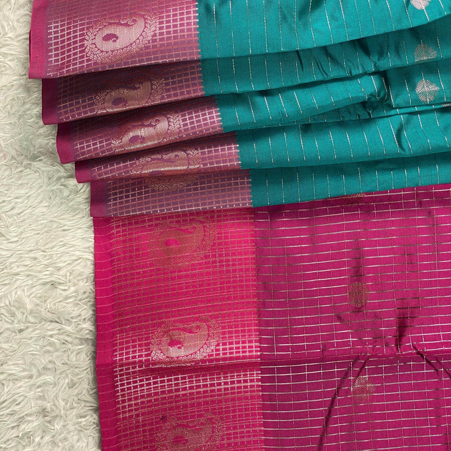 Check Saree Soft Silk with butta designs Peacock Blue