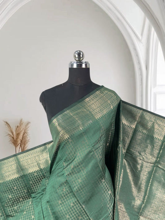 Semi Silk Tissue saree Checks with Triangle Border Dark Green