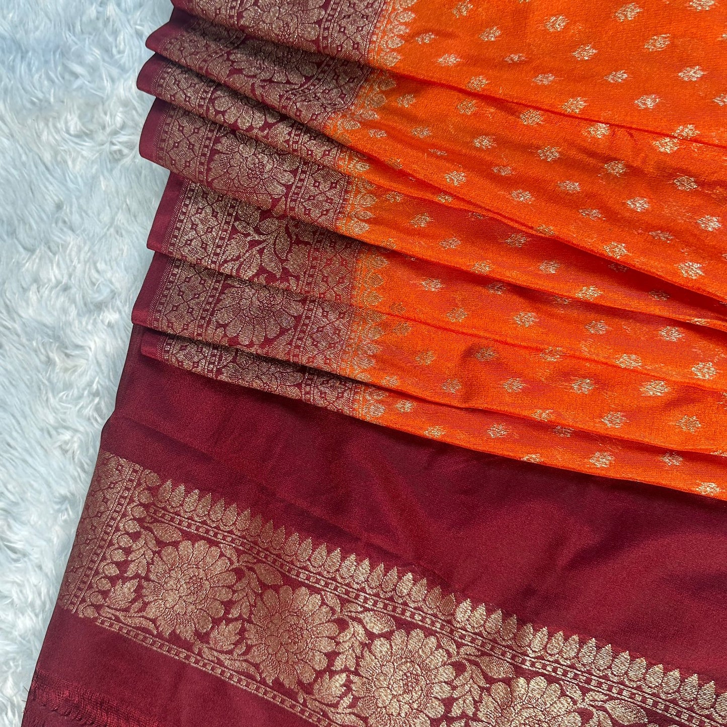 Pure Banarasi Orange with Meroon Border