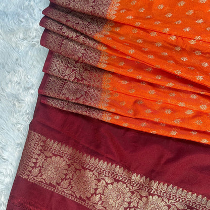 Pure Banarasi Orange with Meroon Border