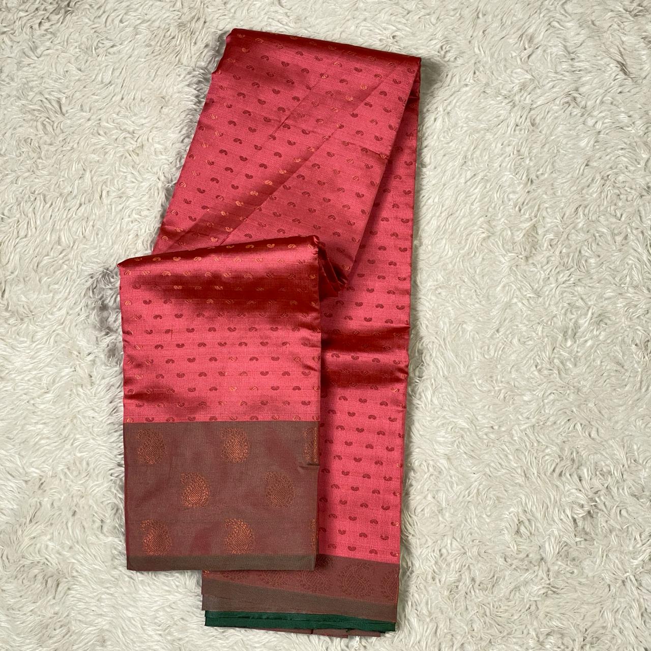 Banarasi Butti Semi Silk with Floral Border Saree Peach