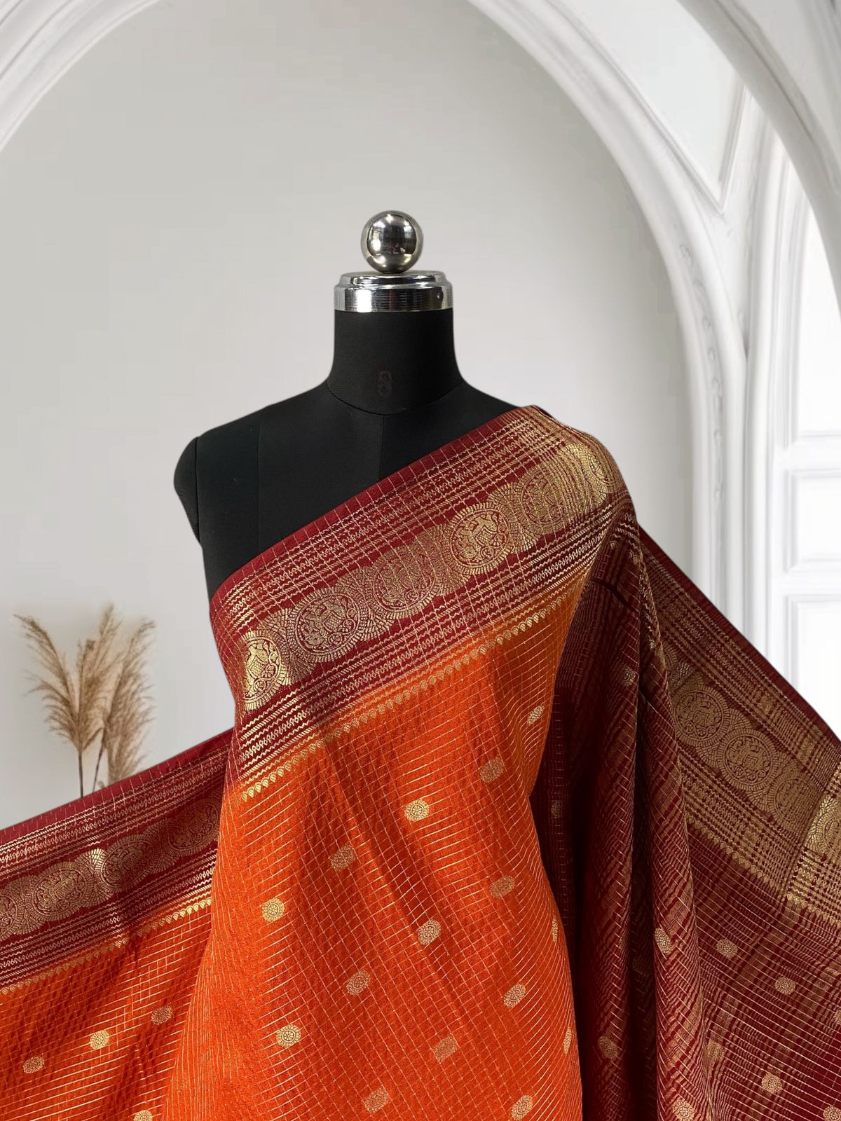 Premium Banarasi Saree Checks Burnt Orange