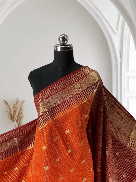 Premium Banarasi Saree Checks Burnt Orange