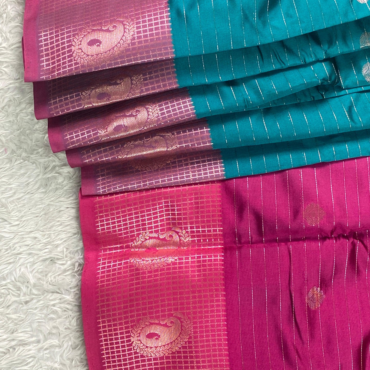 Check Saree Soft Silk with butta designs Peacock Blue