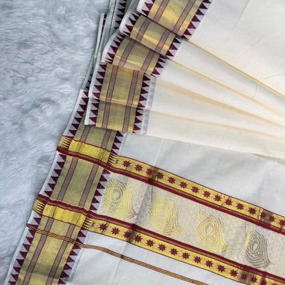 Swarna Chakram Kasavu Saree with Red Border