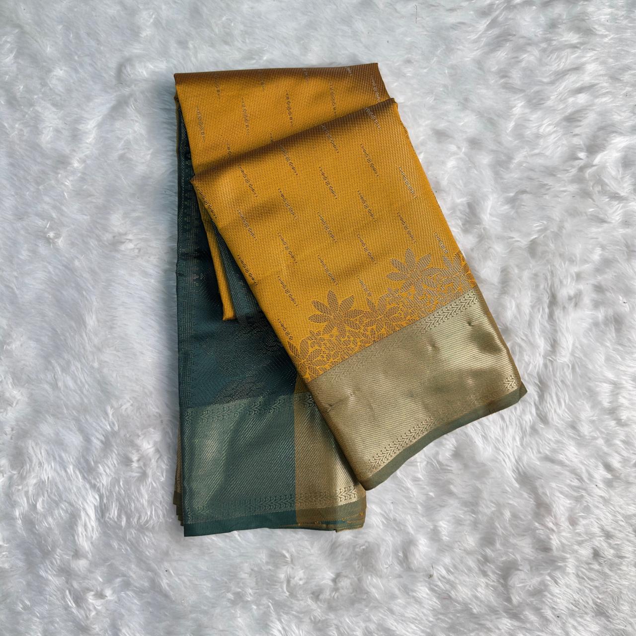 Floral Border Semi Silk Saree Wedding Collexction Yellow