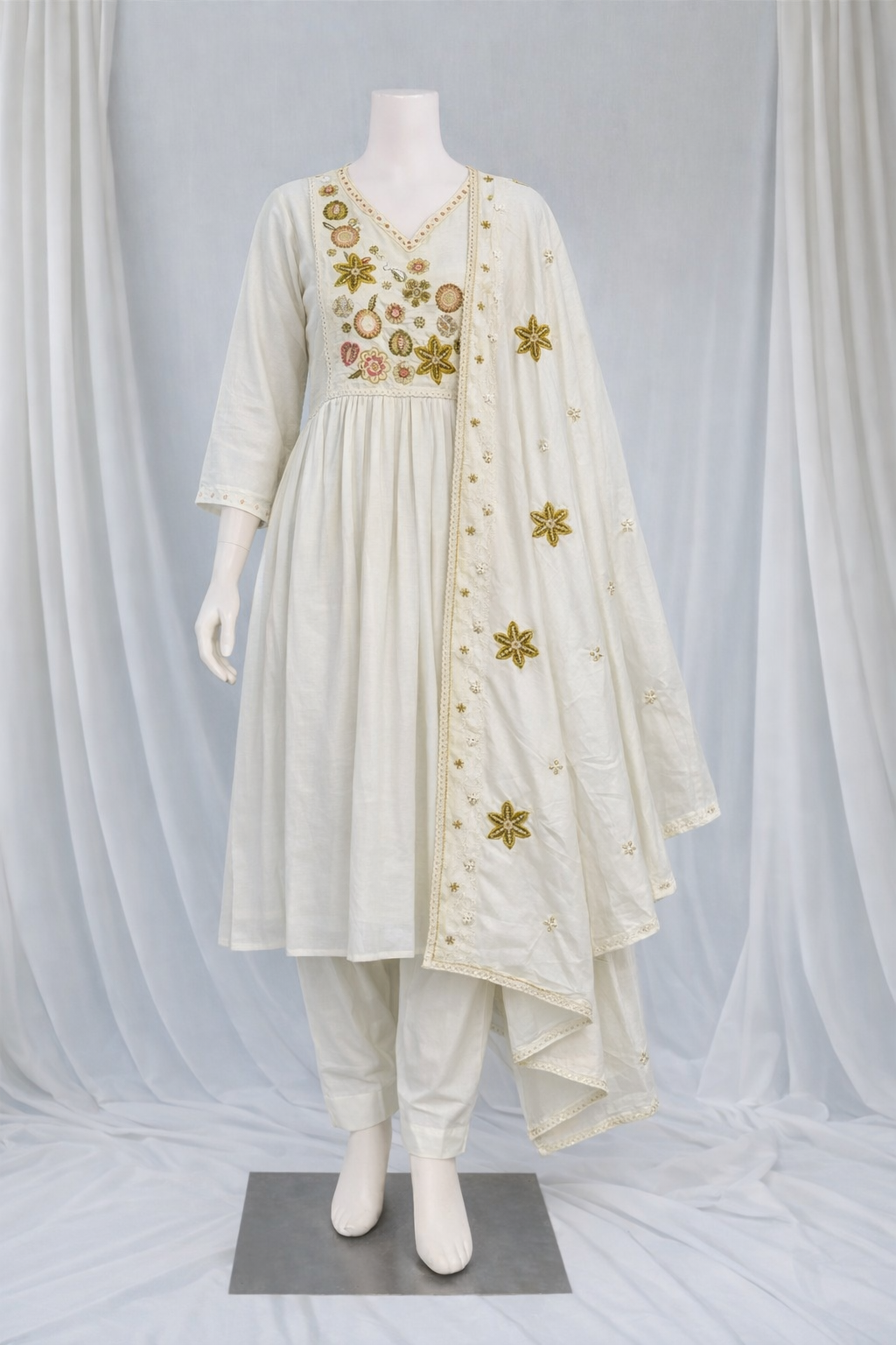Floral Grace Salwar Set White