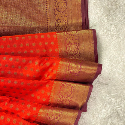 Premium Banarasi Saree Checks with Floral Border Burnt Orange