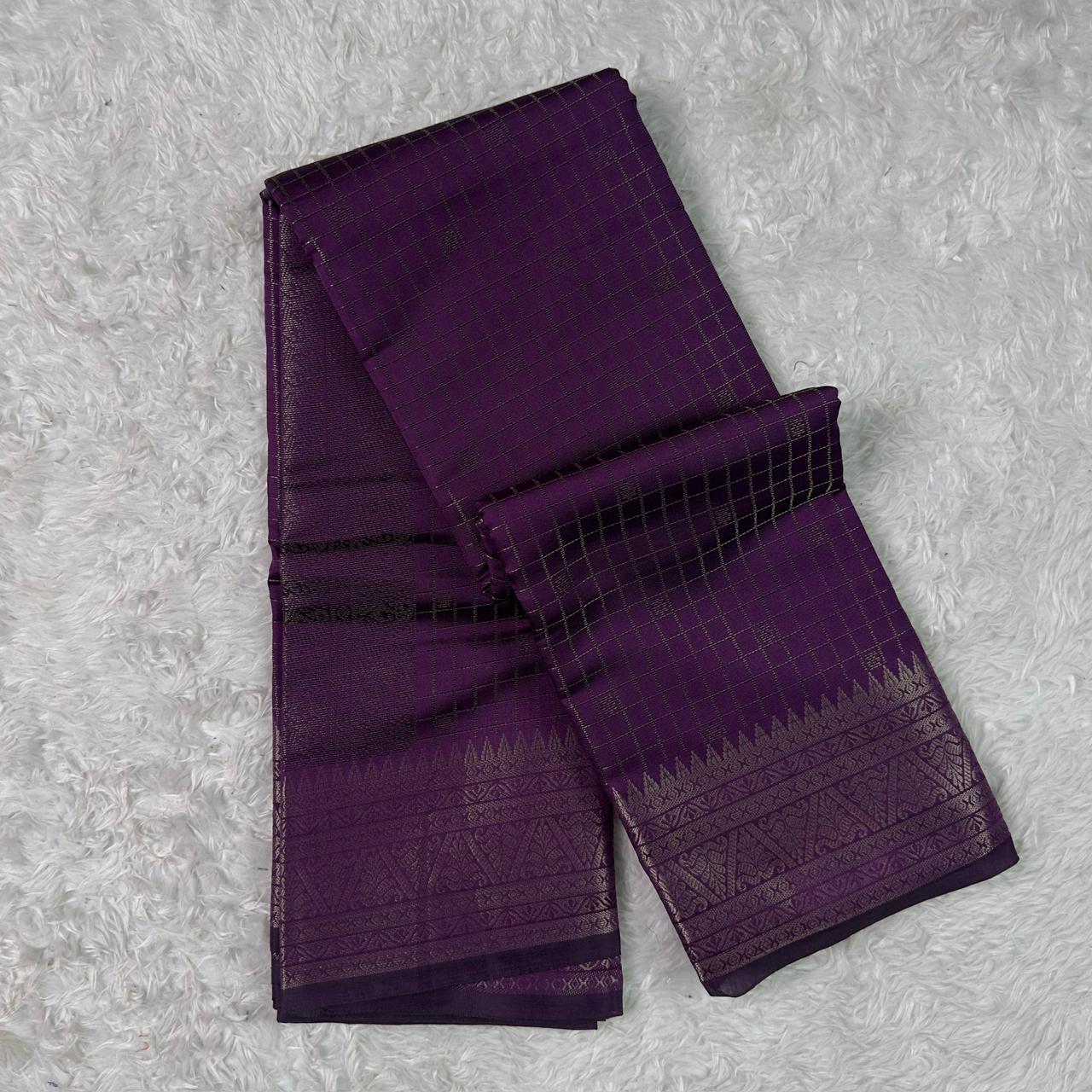 Semi Silk Tissue saree Checks with Triangle Border Purple