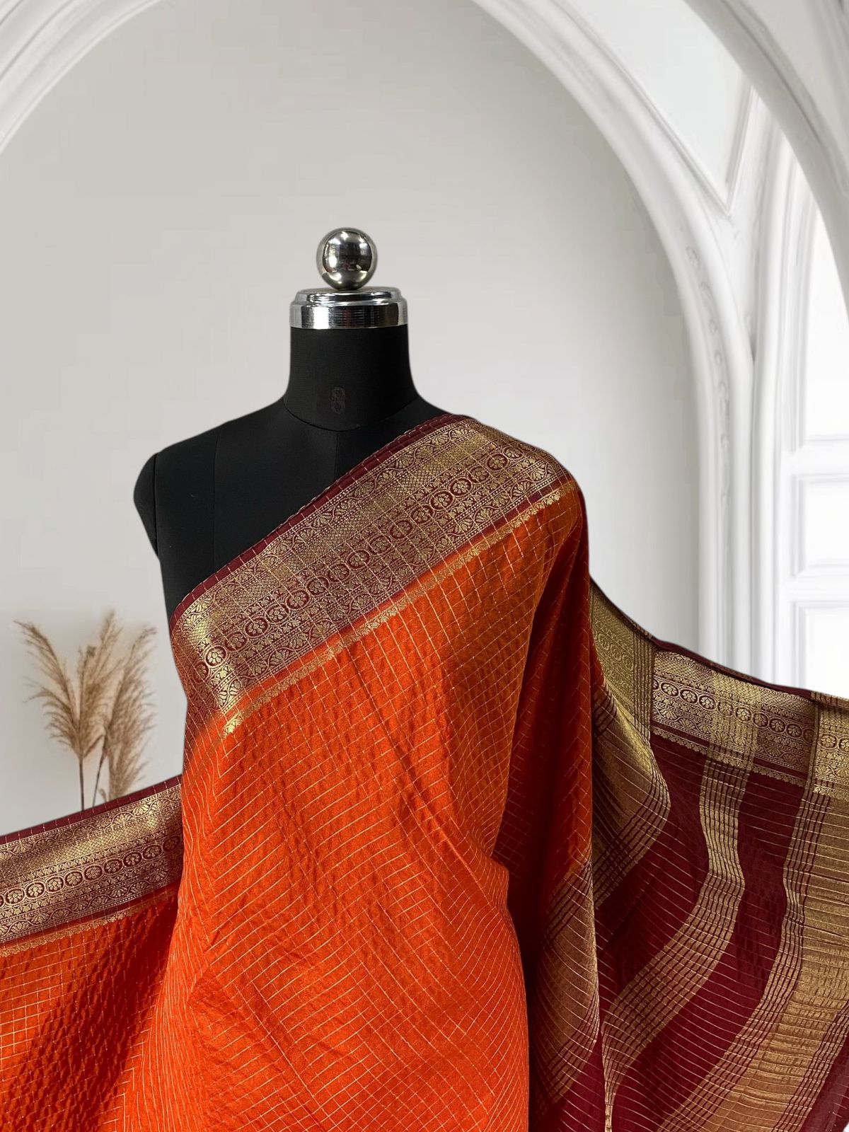 Premium Banarasi Checks with Floral Border – Burnt Orange