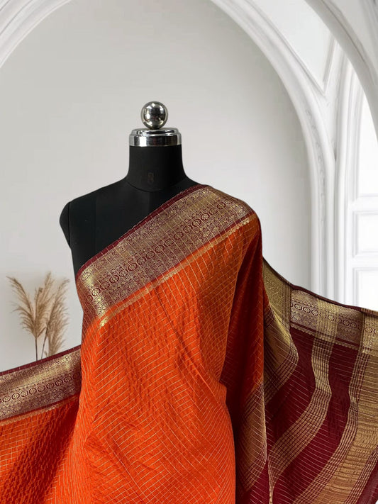 Premium Banarasi Checks with Floral Border – Burnt Orange