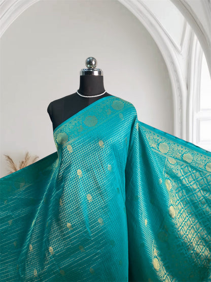 Georgette Banarasi Checks Saree Blue with Golden Zari
