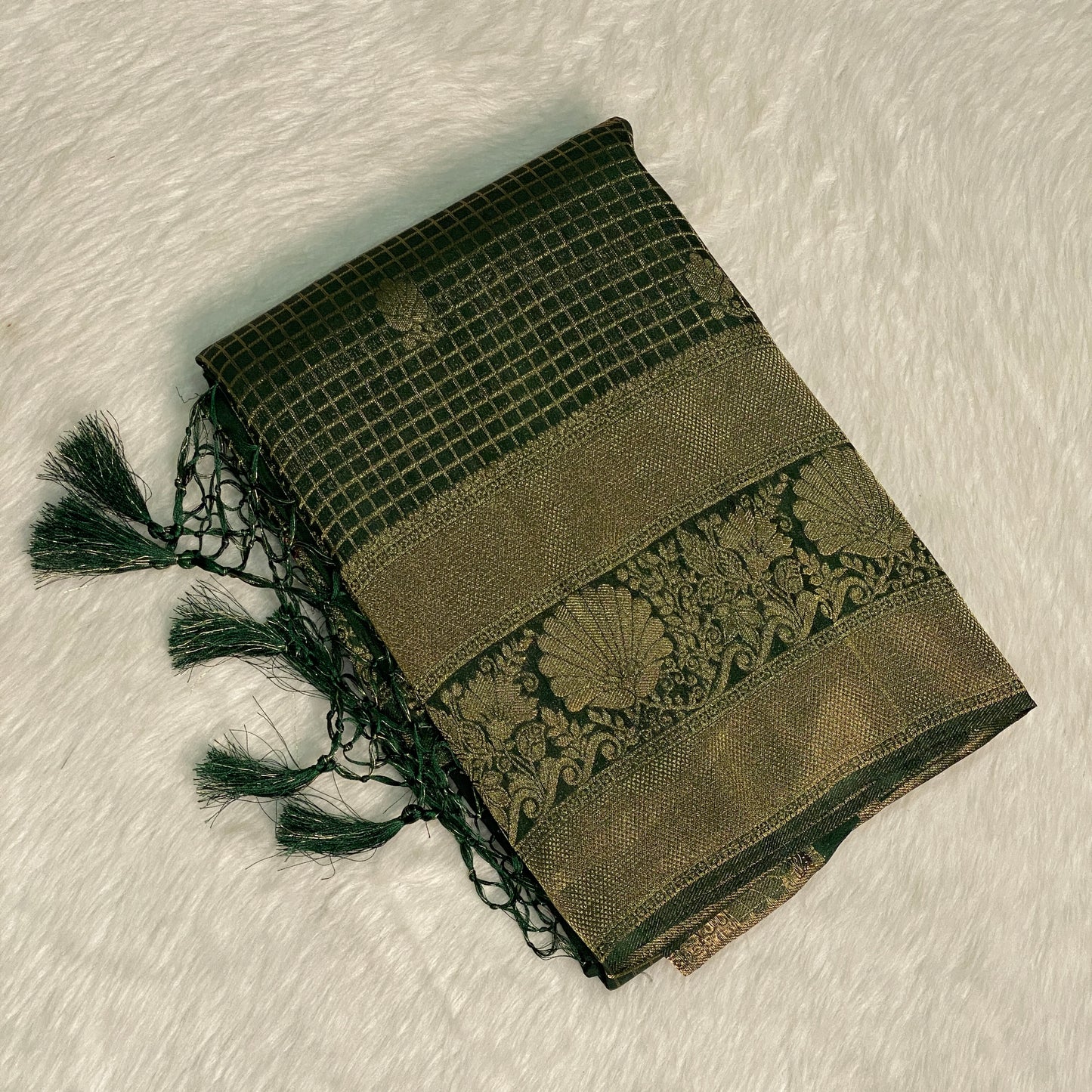 Georgette Banarasi Checks Saree Dark Green