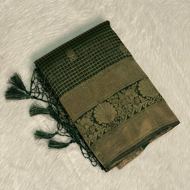 Georgette Banarasi Checks Saree Dark Green