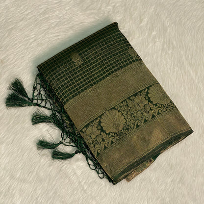 Georgette Banarasi Checks Saree Dark Green