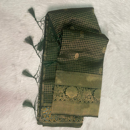 Georgette Banarasi Checks Saree Dark Green