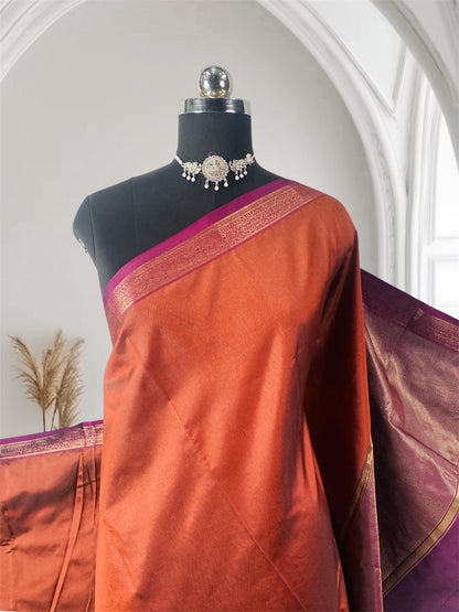 Azhak Semi Soft Silk Plain Saree Burnt Orange