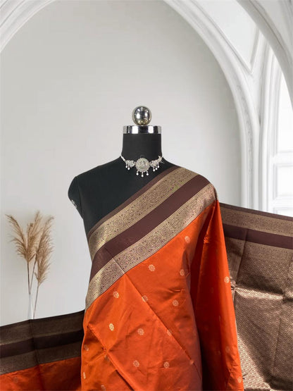 Khushbhu Burnt Orange Butti Silk Saree with Double Zari Border