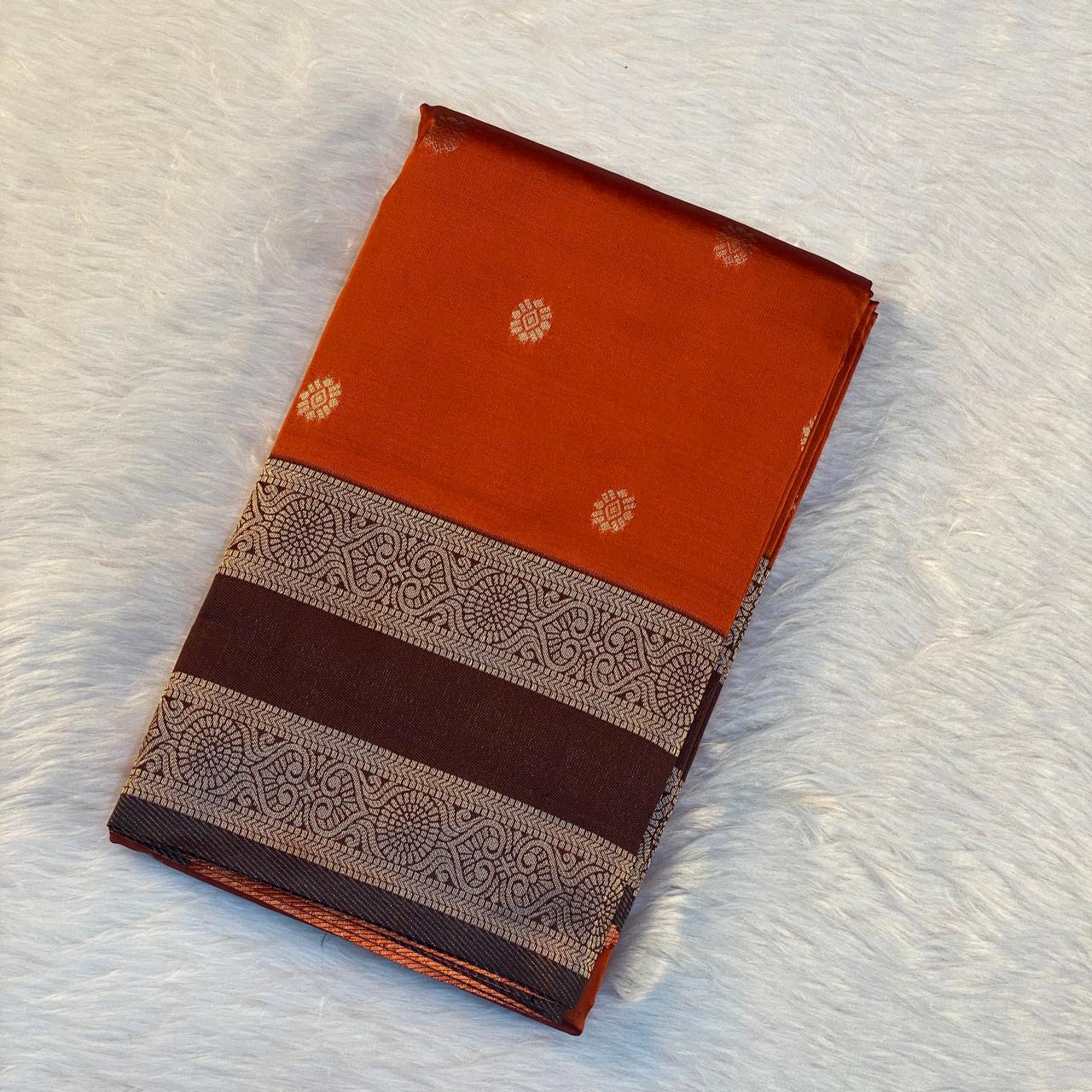 Khushbhu Burnt Orange Butti Silk Saree with Double Zari Border