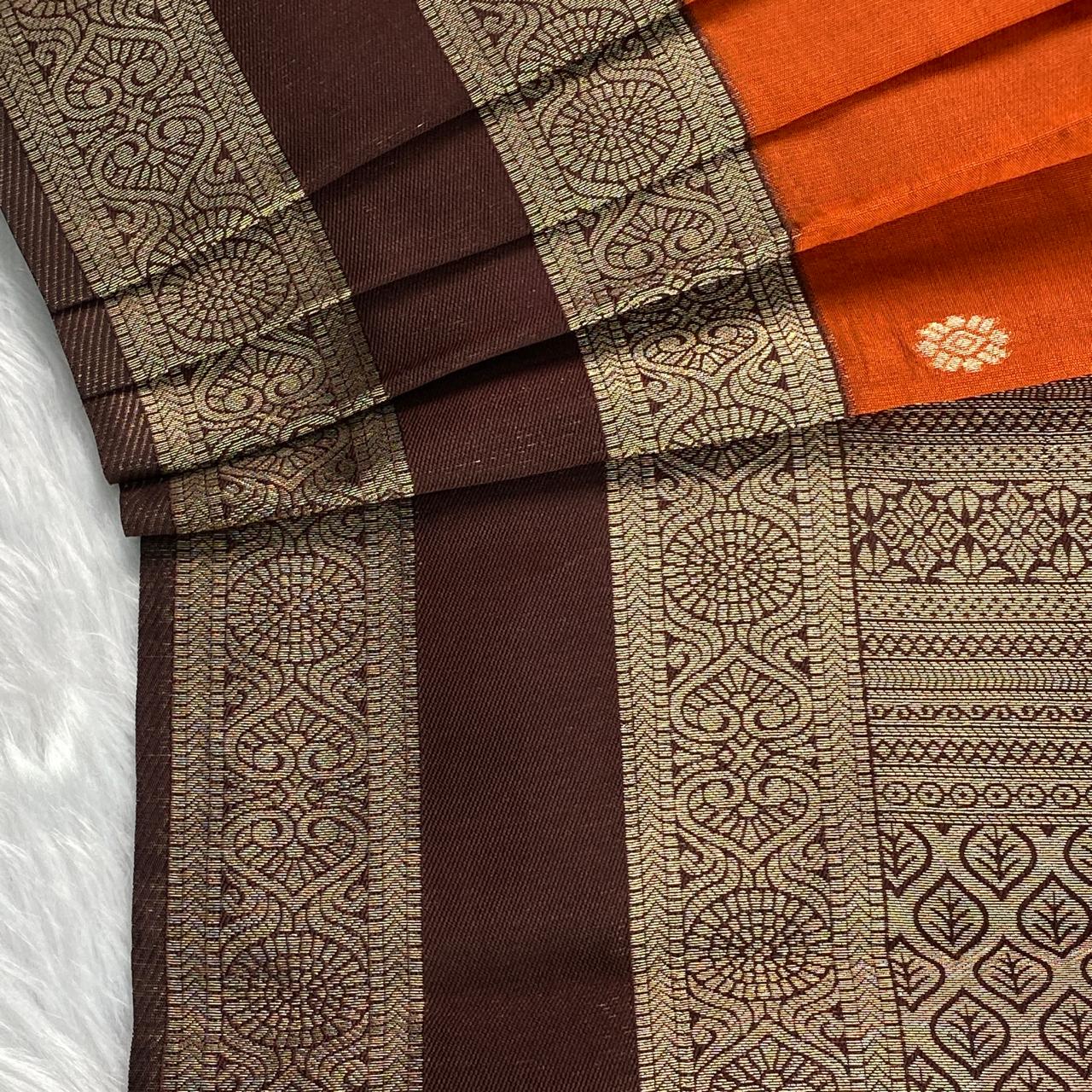 Khushbhu Burnt Orange Butti Silk Saree with Double Zari Border