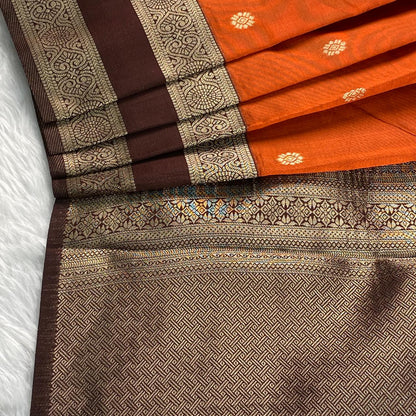 Khushbhu Burnt Orange Butti Silk Saree with Double Zari Border