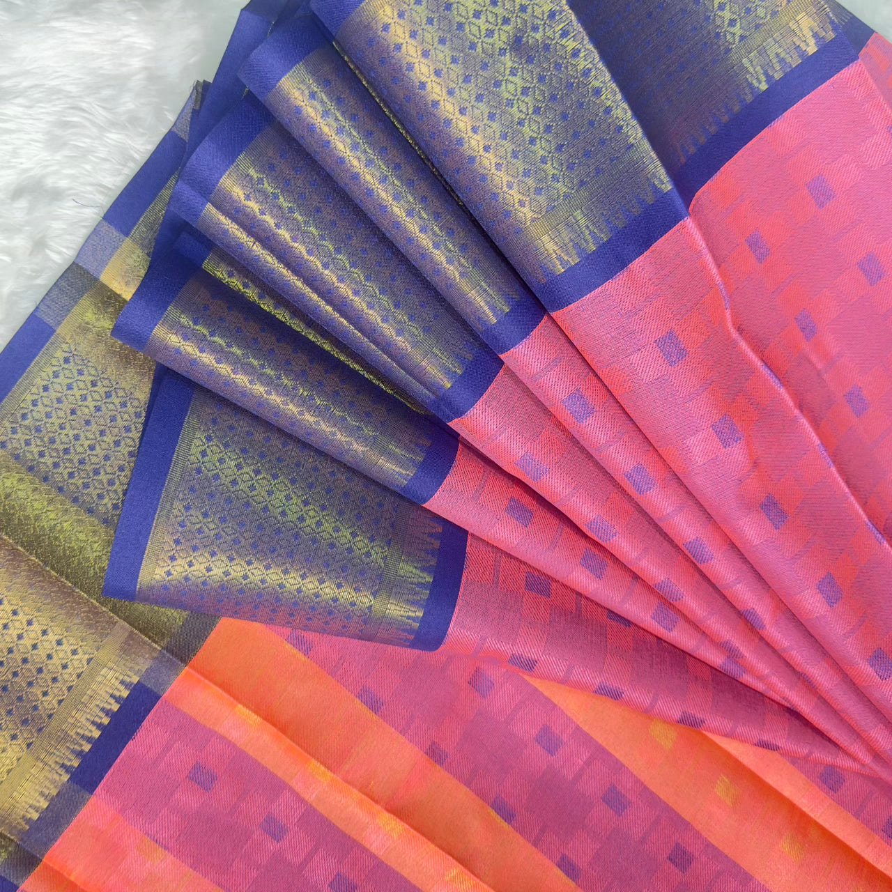 Cotton Saree Pink with Navy Blue Border