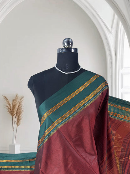 Polycotton double line Border Saree Meroon
