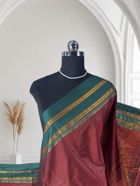 Polycotton double line Border Saree Meroon