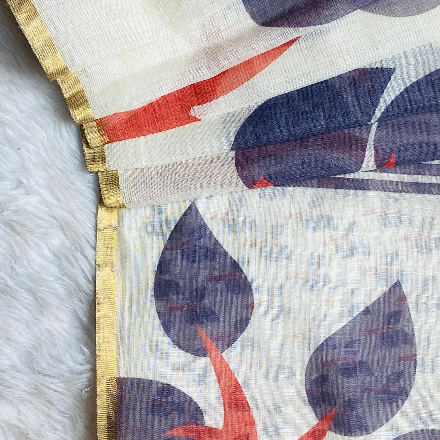 tharu Semi Linen Leaf Printed Saree Off White with Green Tussels