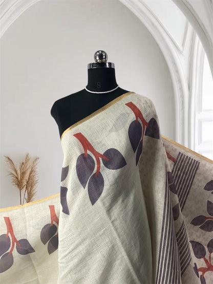 tharu Semi Linen Leaf Printed Saree Off White with Green Tussels