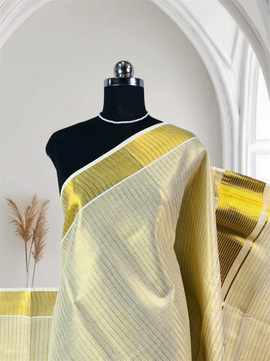 Tissue Kerala Saree with with Lines and thick Border Golden