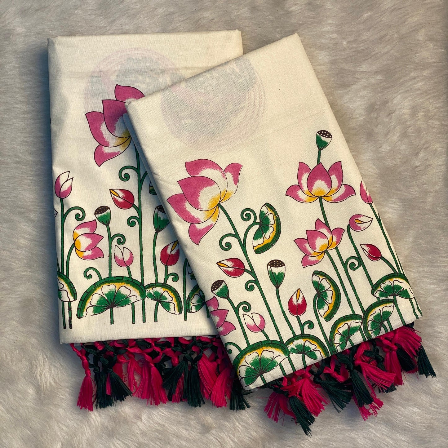 Kamalam Lotus and Peacock Print Cotton Saree