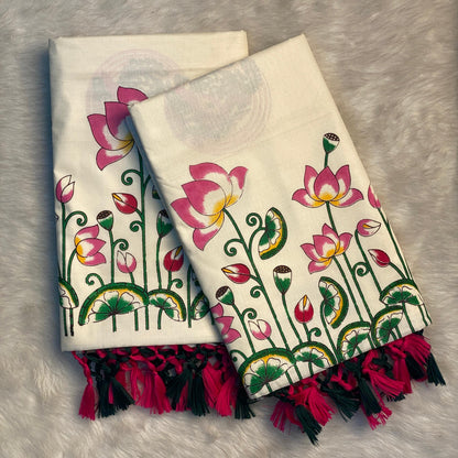 Kamalam Lotus and Peacock Print Cotton Saree