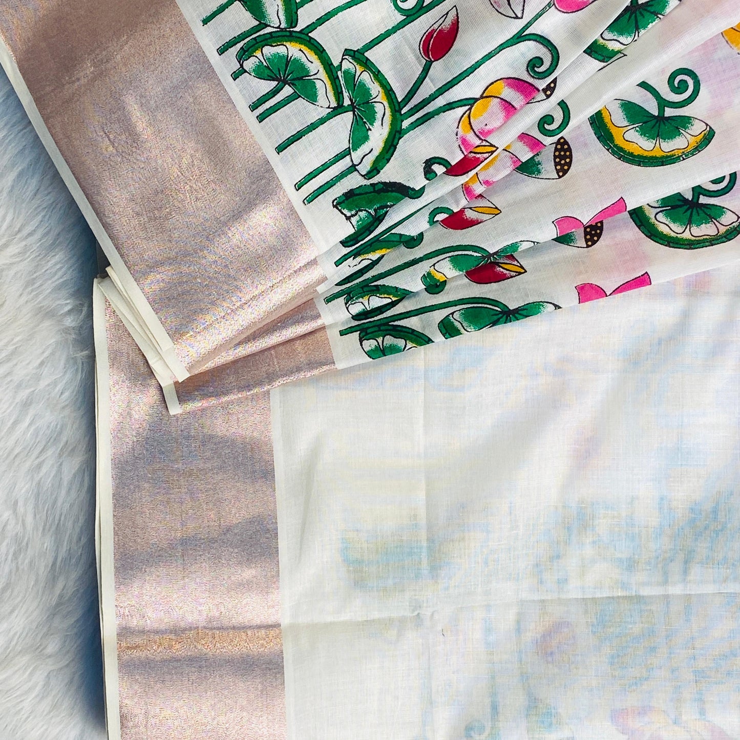 Kamalam Lotus and Peacock Print Cotton Saree