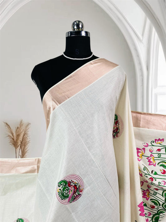 Kamalam Lotus and Peacock Print Cotton Saree