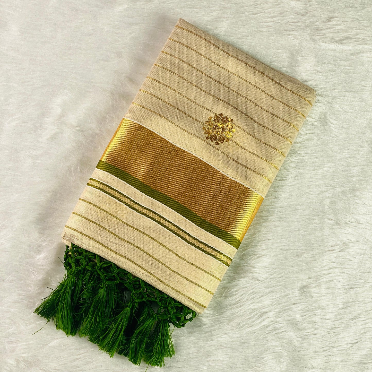 Kerala Saree with Body Full Striped Floral Embroidery Light Green