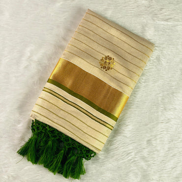 Kerala Saree with Body Full Striped Floral Embroidery Light Green