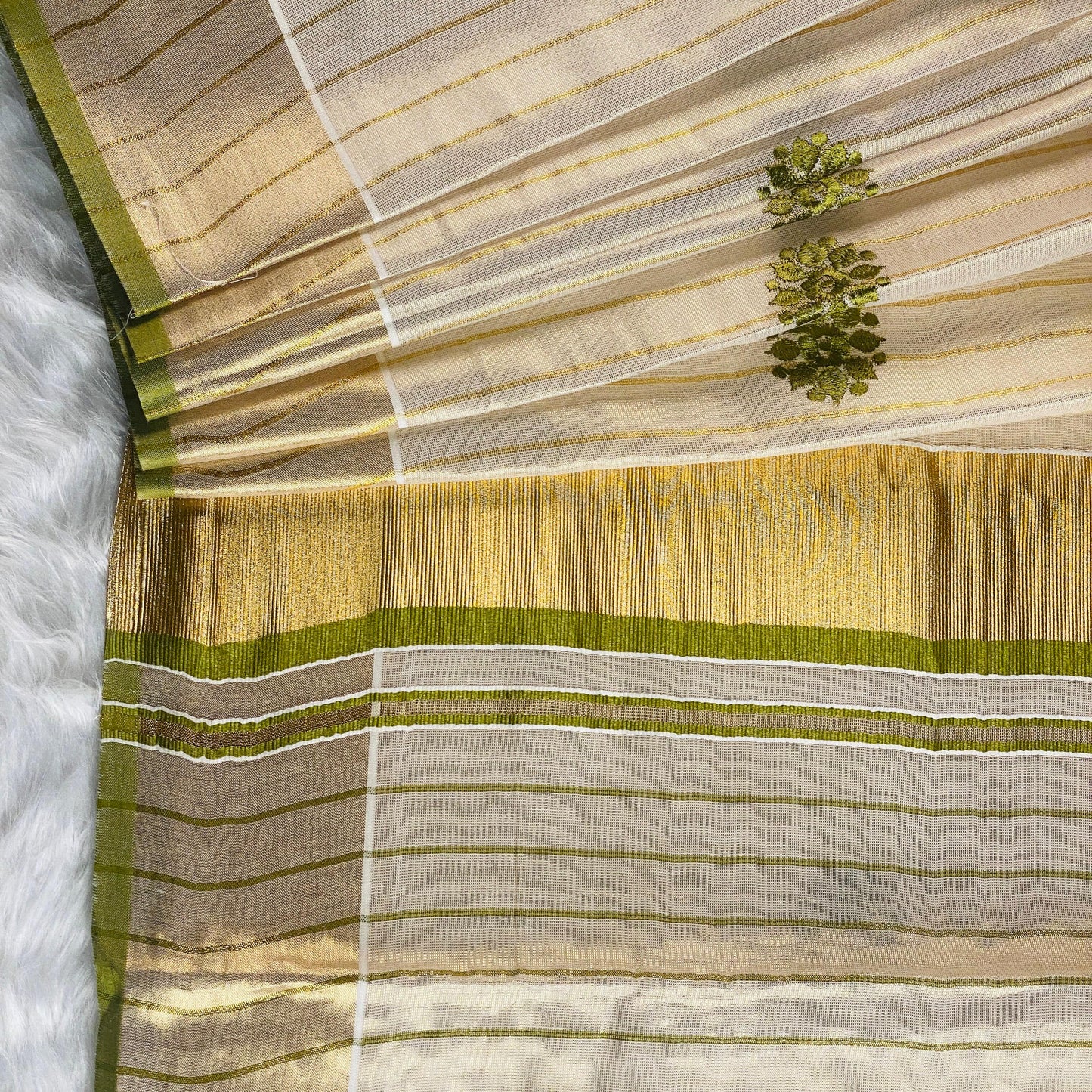 Kerala Saree with Body Full Striped Floral Embroidery Light Green