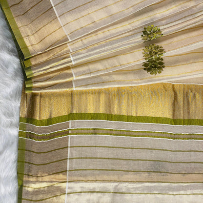 Kerala Saree with Body Full Striped Floral Embroidery Light Green