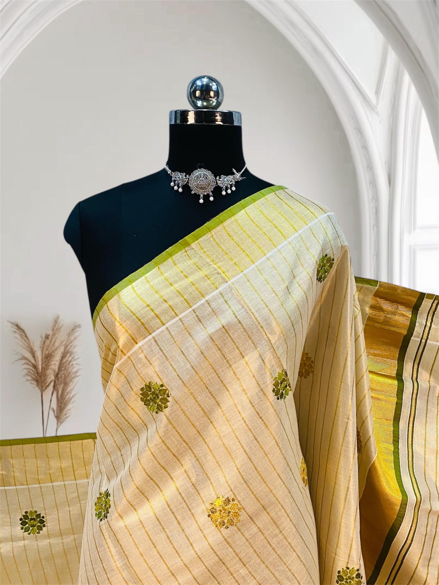 Kerala Saree with Body Full Striped Floral Embroidery Light Green