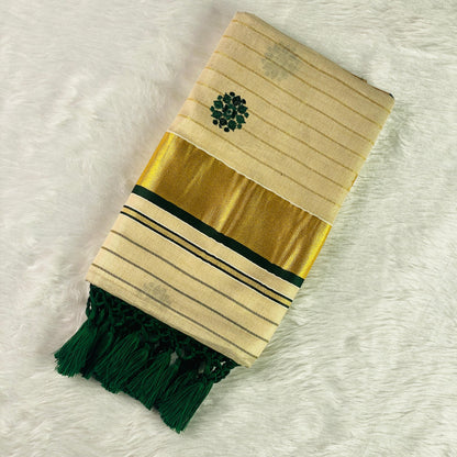 Kerala Saree with Body Full Striped Floral Embroidery Bottle Green