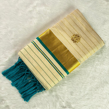 Kerala Saree with Body Full Striped Floral Embroidery Blue