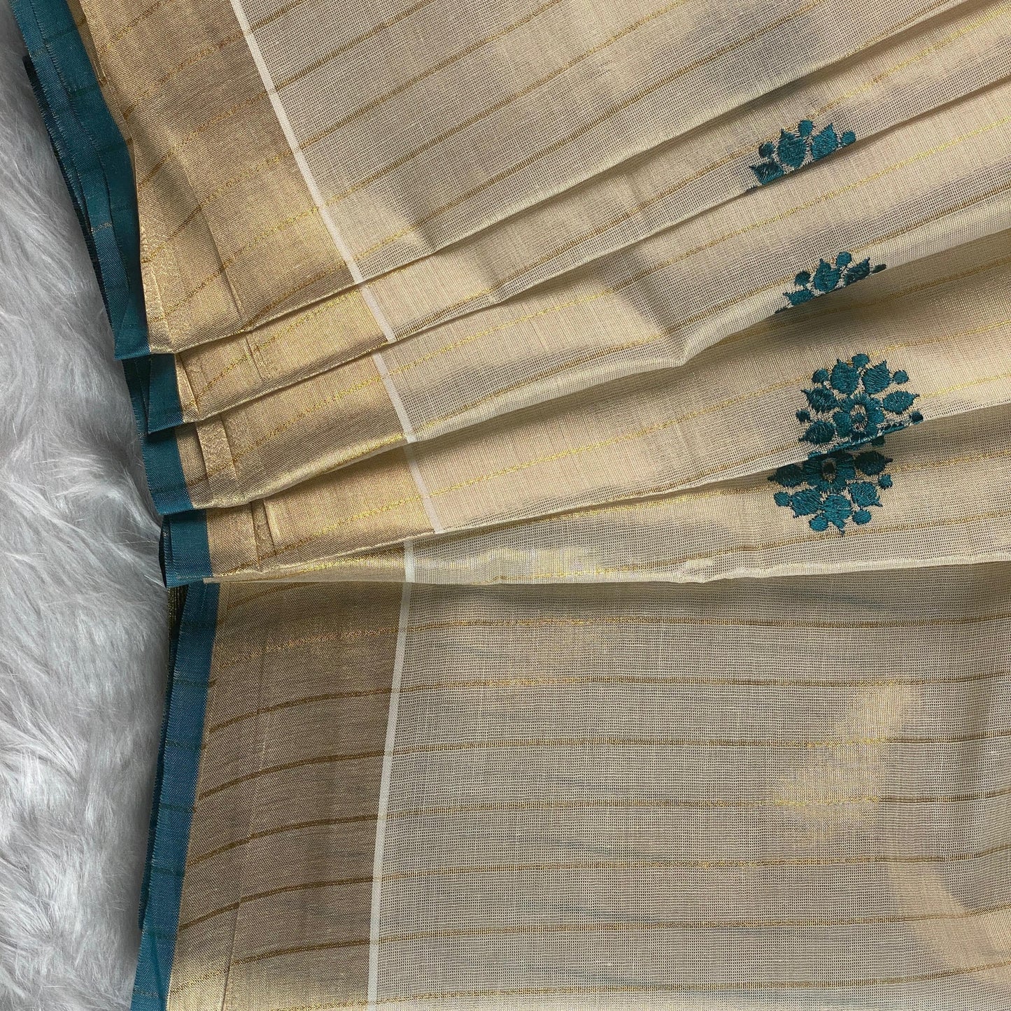 Kerala Saree with Body Full Striped Floral Embroidery Blue
